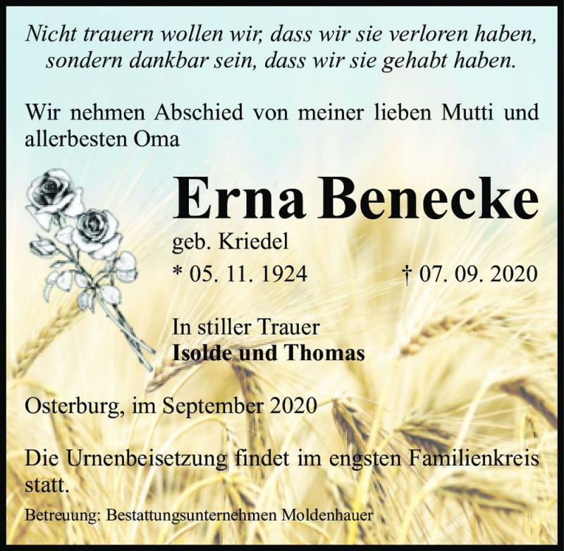  Traueranzeige für Erna Benecke (geb. Kriedel)  vom 09.09.2020 aus Magdeburger Volksstimme