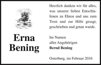 Traueranzeige von Erna Bening  von Magdeburger Volksstimme
