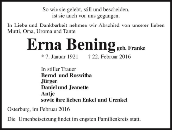 Traueranzeige von Erna Bening (geb. Franke)  von Magdeburger Volksstimme