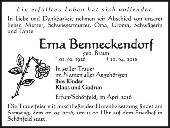 Traueranzeige von Erna Benneckendorf (geb. Braun)  von Magdeburger Volksstimme