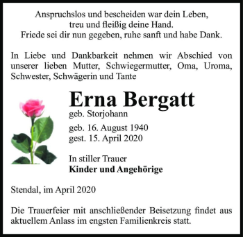 Traueranzeige von Erna Bergatt (geb. Storjohann)  von Magdeburger Volksstimme