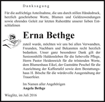 Traueranzeige von Erna Bethge  von Magdeburger Volksstimme