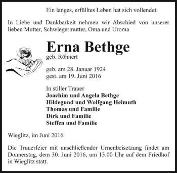 Traueranzeige von Erna Bethge (geb. Röhnert)  von Magdeburger Volksstimme