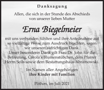 Traueranzeige von Erna Biegelmeier  von Magdeburger Volksstimme