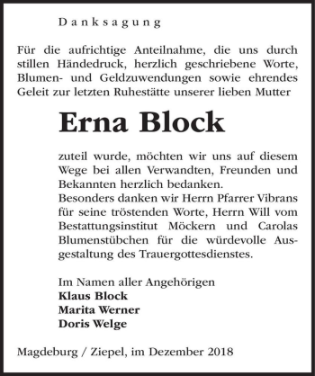Traueranzeige von Erna Block  von Magdeburger Volksstimme