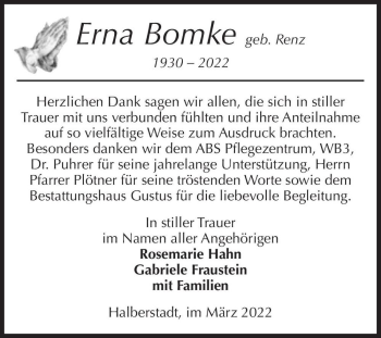 Traueranzeige von Erna Bomke (geb. Renz)  von Magdeburger Volksstimme