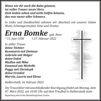 Traueranzeige von Erna Bomke (geb. Renz)  von Magdeburger Volksstimme