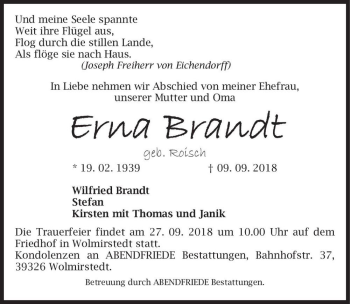 Traueranzeige von Erna Brandt (geb. Roisch)  von Magdeburger Volksstimme