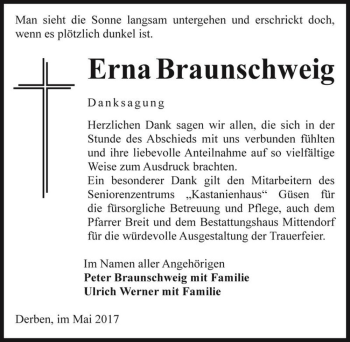 Traueranzeige von Erna Braunschweig  von Magdeburger Volksstimme