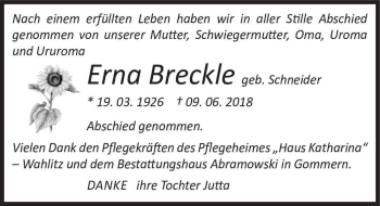 Traueranzeige von Erna Breckle (geb. Schneider)  von Magdeburger Volksstimme