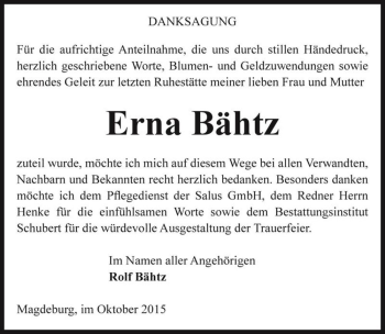 Traueranzeige von Erna Bähtz  von Magdeburger Volksstimme