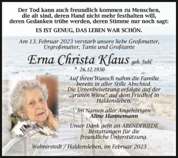 Traueranzeige von Erna Christa Klaus (geb. Juhl)  von Magdeburger Volksstimme