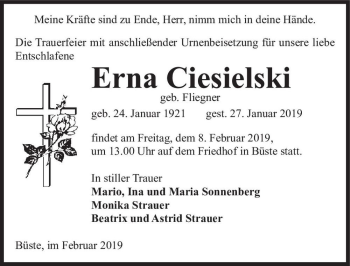 Traueranzeige von Erna Ciesielski (geb. Fliegner)  von Magdeburger Volksstimme