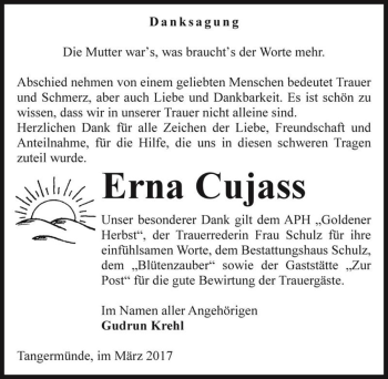Traueranzeige von Erna Cujass  von Magdeburger Volksstimme