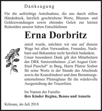 Traueranzeige von Erna Dorbritz  von Magdeburger Volksstimme