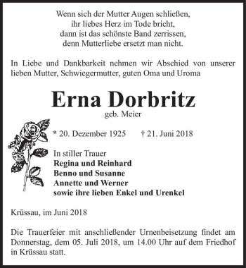 Traueranzeige von Erna Dorbritz (geb. Meier)  von Magdeburger Volksstimme