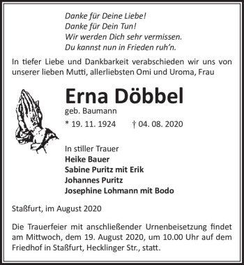 Traueranzeige von Erna Döbbel (geb. Baumann)  von Magdeburger Volksstimme