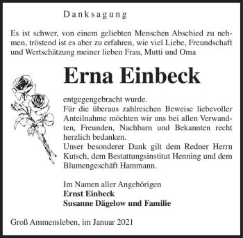 Traueranzeige von Erna Einbeck  von Magdeburger Volksstimme