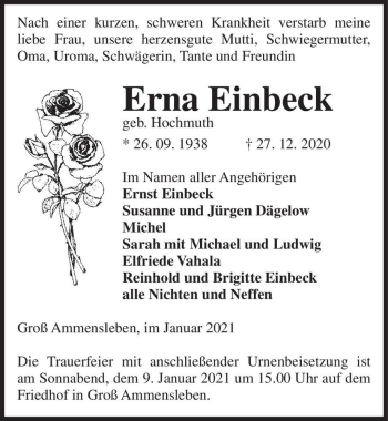 Traueranzeige von Erna Einbeck (geb. Hochmuth)  von Magdeburger Volksstimme