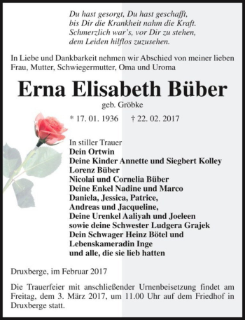 Traueranzeige von Erna Elisabeth Büber (geb. Gröbke)  von Magdeburger Volksstimme