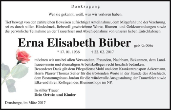 Traueranzeige von Erna Elisabeth Büber (geb. Gröbke)  von Magdeburger Volksstimme