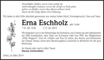 Traueranzeige von Erna Eschholz (geb. Lorke)  von Magdeburger Volksstimme