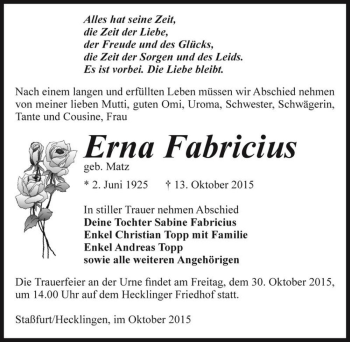 Traueranzeige von Erna Fabricius (geb. Matz)  von Magdeburger Volksstimme