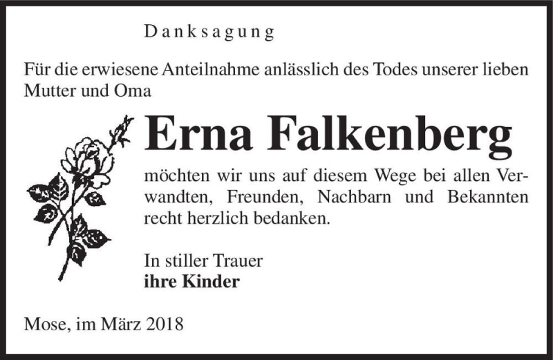 Traueranzeige für Erna Falkenberg  vom 03.03.2018 aus Magdeburger Volksstimme