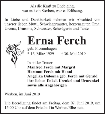 Traueranzeige von Erna Ferch (geb. Frommhagen)  von Magdeburger Volksstimme