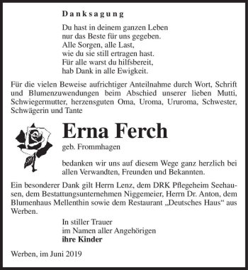 Traueranzeige von Erna Ferch (geb. Frommhagen)  von Magdeburger Volksstimme