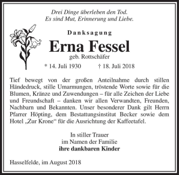 Traueranzeige von Erna Fessel (geb. Rottschäfer)  von Magdeburger Volksstimme