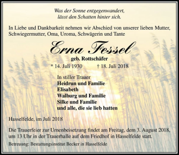 Traueranzeige von Erna Fessel (geb. Rottschäfer)  von Magdeburger Volksstimme