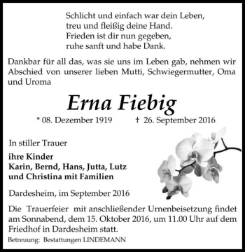 Traueranzeige von Erna Fiebig  von Magdeburger Volksstimme