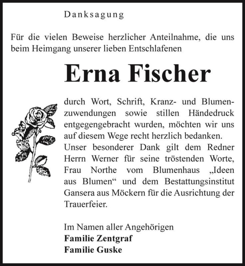  Traueranzeige für Erna Fischer  vom 14.01.2017 aus Magdeburger Volksstimme