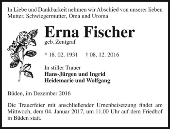 Traueranzeige von Erna Fischer (geb. Zentgraf)  von Magdeburger Volksstimme