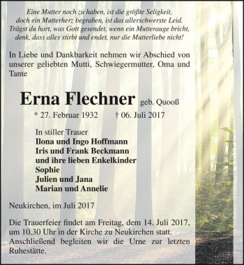 Traueranzeige von Erna Flechner (geb. Quooß)  von Magdeburger Volksstimme