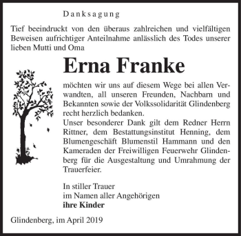 Traueranzeige von Erna Franke  von Magdeburger Volksstimme
