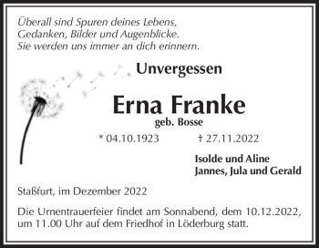 Traueranzeige von Erna Franke (geb. Bosse)  von Magdeburger Volksstimme