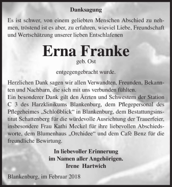 Traueranzeige von Erna Franke (geb. Ost)  von Magdeburger Volksstimme