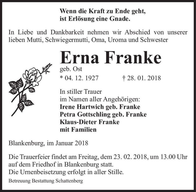  Traueranzeige für Erna Franke (geb. Ost)  vom 03.02.2018 aus Magdeburger Volksstimme