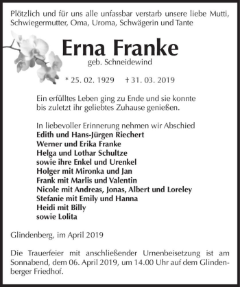 Traueranzeige von Erna Franke (geb. Schneidewind)  von Magdeburger Volksstimme