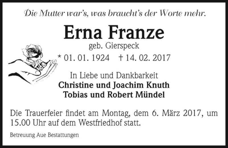  Traueranzeige für Erna Franze (geb. Gierspeck)  vom 25.02.2017 aus Magdeburger Volksstimme
