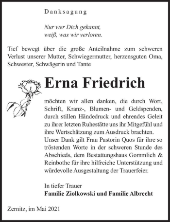 Traueranzeige von Erna Friedrich  von Magdeburger Volksstimme