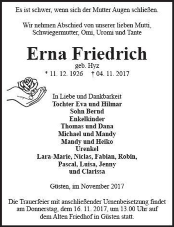 Traueranzeige von Erna Friedrich (geb. Hyrz)  von Magdeburger Volksstimme