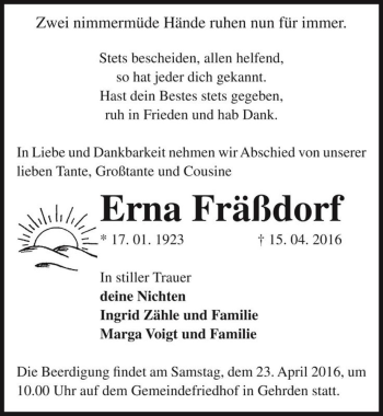 Traueranzeige von Erna Fräßdorf  von Magdeburger Volksstimme