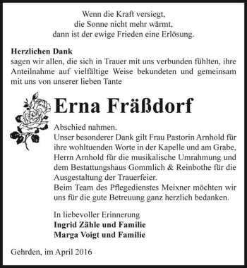 Traueranzeige von Erna Fräßdorf  von Magdeburger Volksstimme