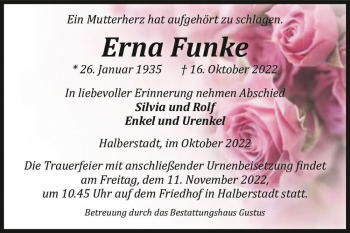 Traueranzeige von Erna Funke  von Magdeburger Volksstimme