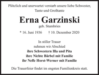Traueranzeige von Erna Garzinski (geb. Stumbries)  von Magdeburger Volksstimme