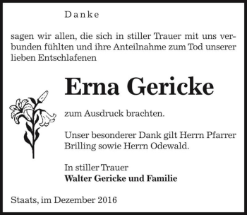 Traueranzeige von Erna Gericke  von Magdeburger Volksstimme