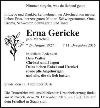 Traueranzeige von Erna Gericke (geb. Marschall)  von Magdeburger Volksstimme